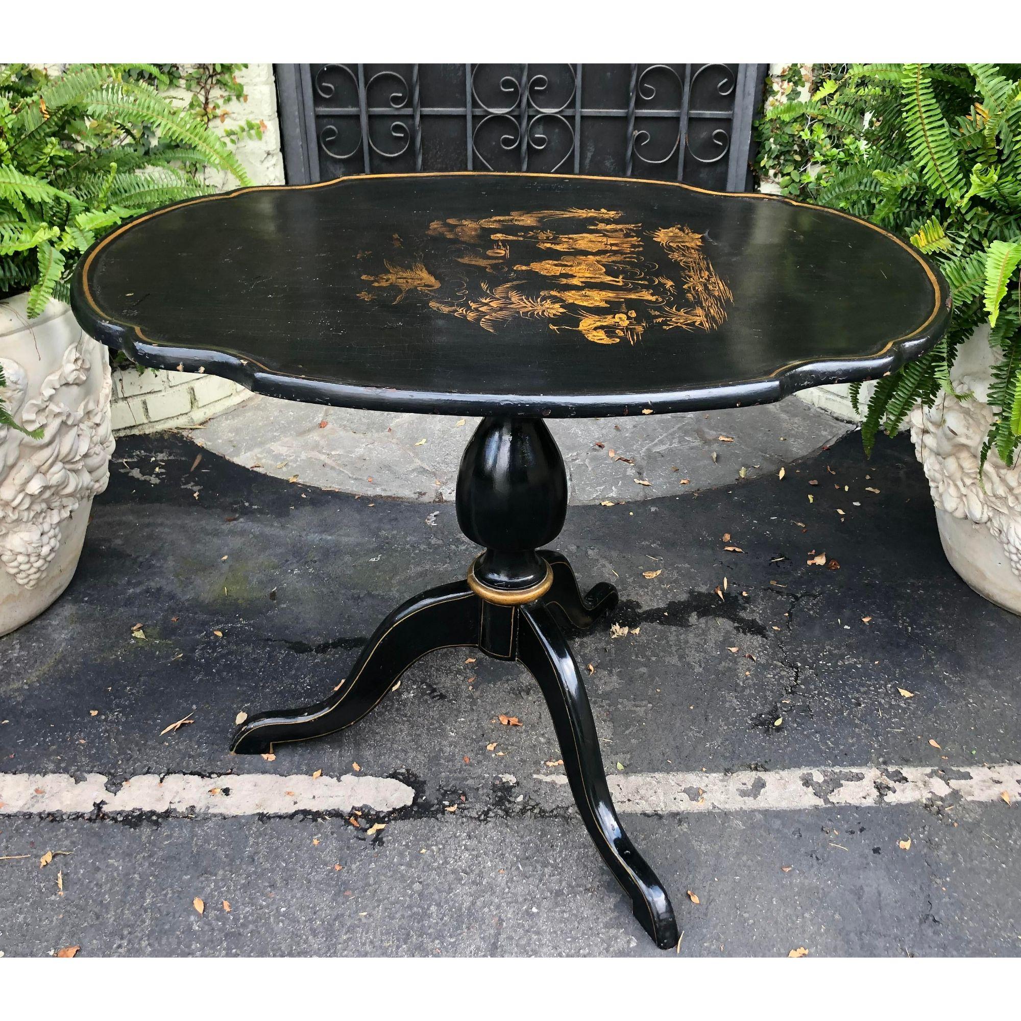 Antique 18C Black & Gold Chinoiserie Decorated Tripod Tilt Top Table 2