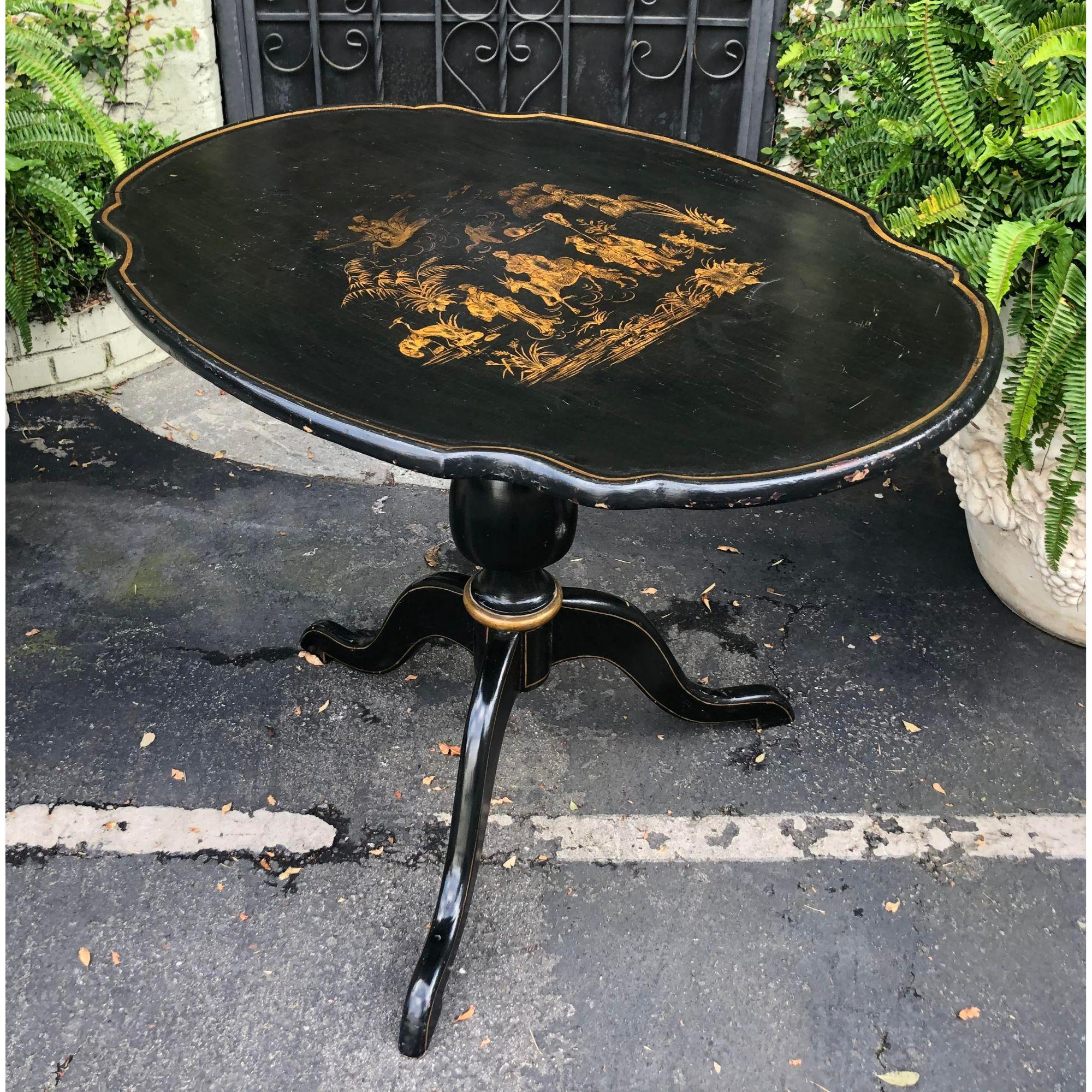 Antique 18C Black & Gold Chinoiserie Decorated Tripod Tilt Top Table 3