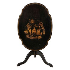 Antique 18C Black & Gold Chinoiserie Decorated Tripod Tilt Top Table