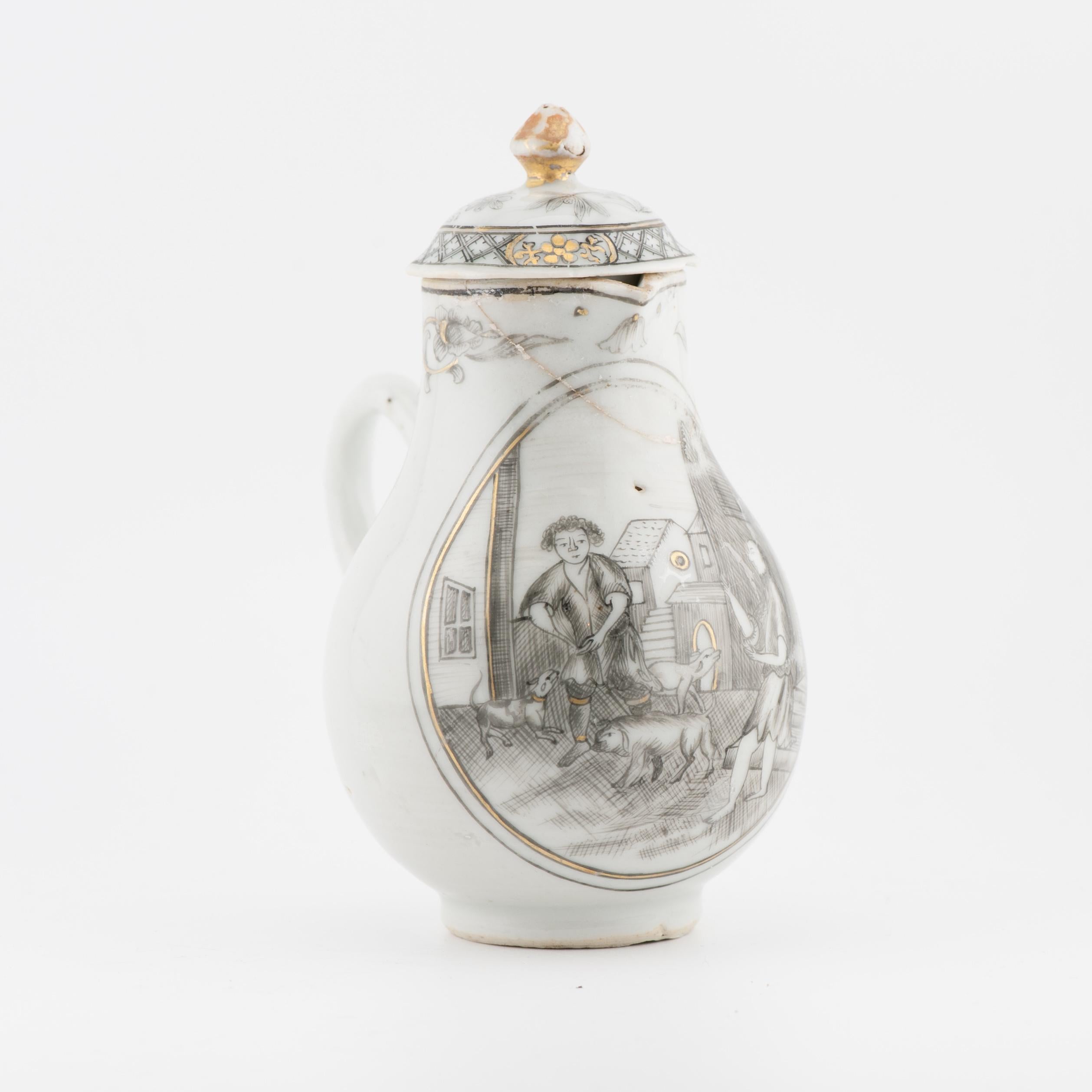 Antique 18C Chinese Encre de Chine Tea Creamer Grisaille VILLAGE SCENE Qianlong For Sale 4