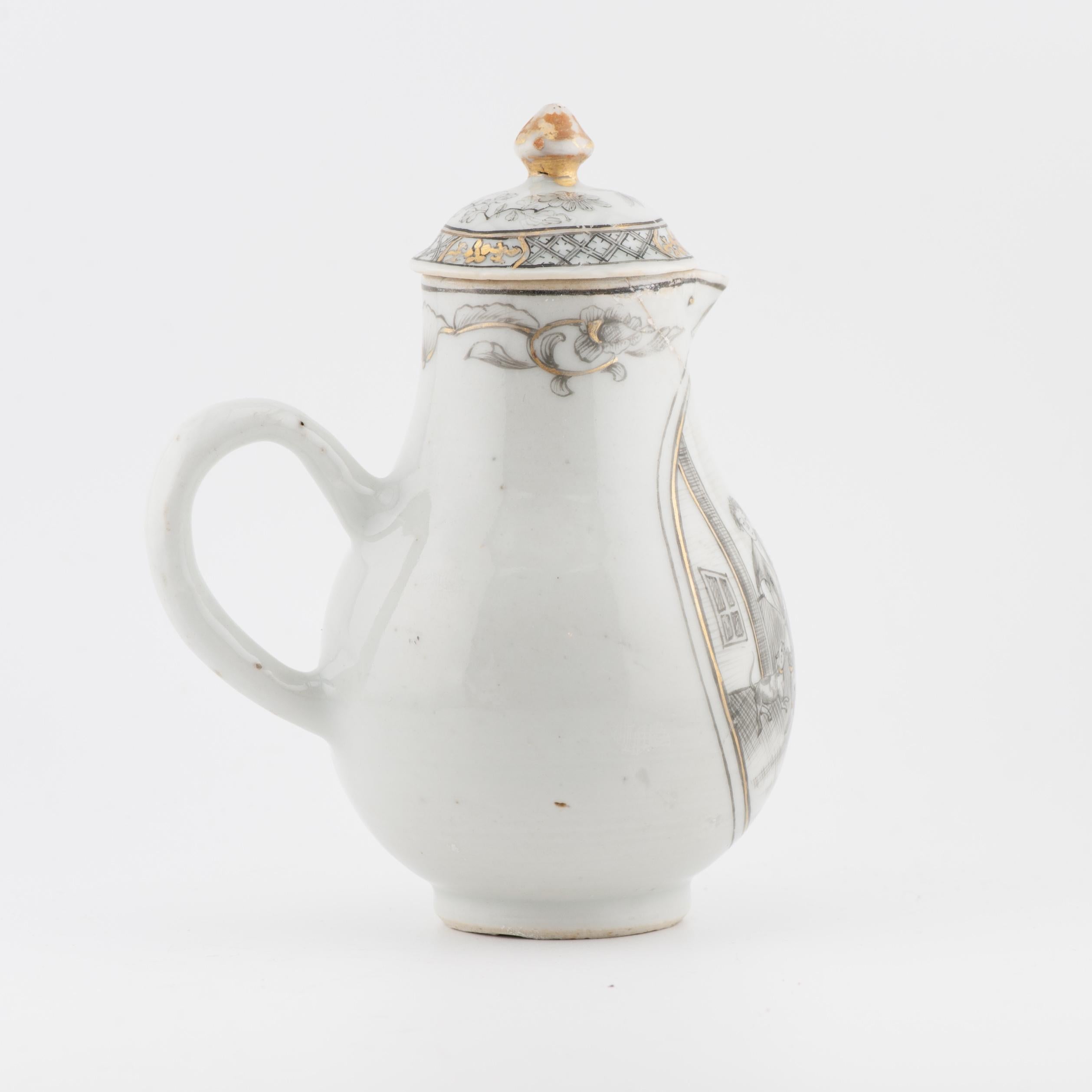 Qing Antique 18C Chinese Encre de Chine Tea Creamer Grisaille VILLAGE SCENE Qianlong For Sale