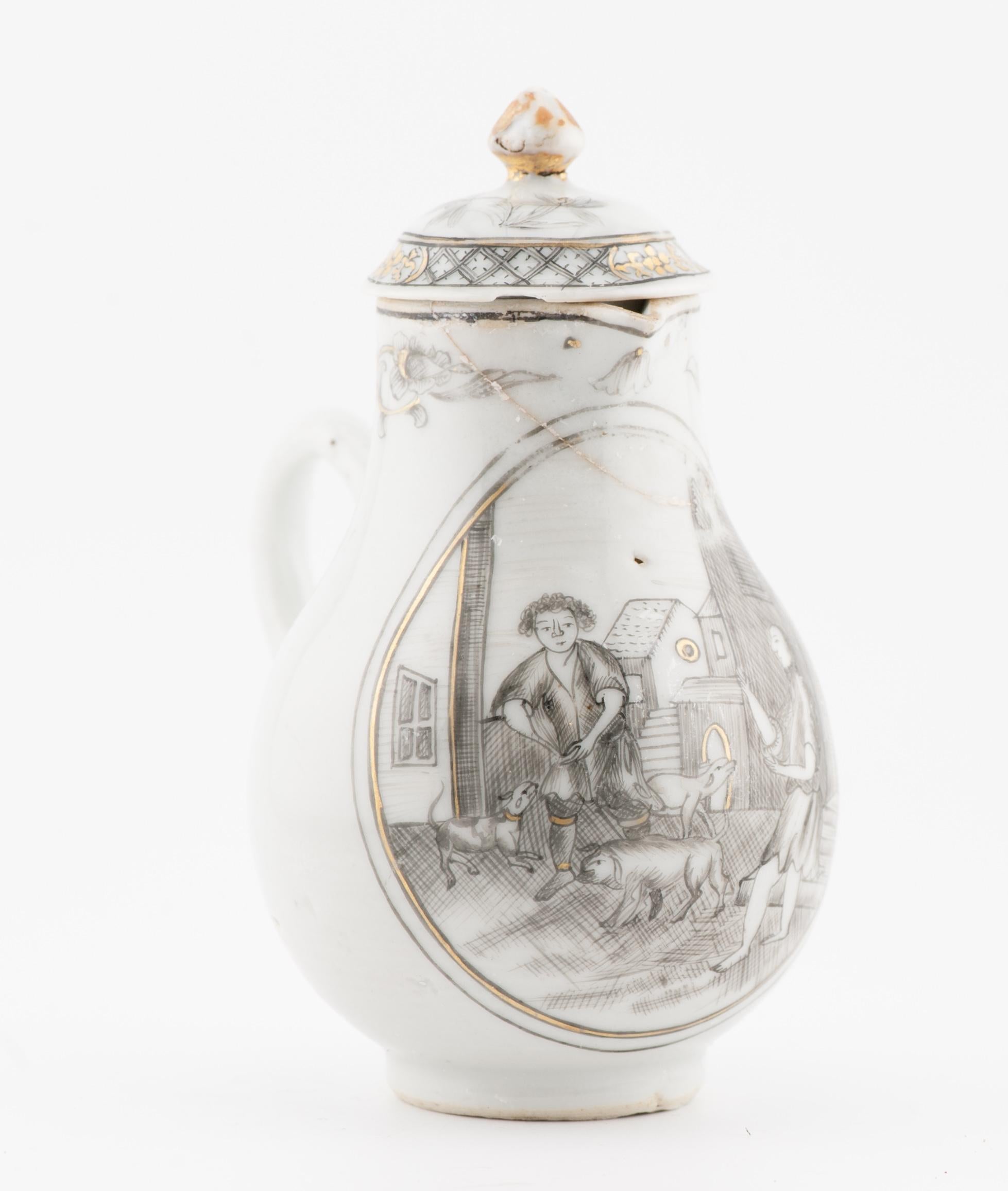 Antique 18C Chinese Encre de Chine Tea Creamer Grisaille VILLAGE SCENE Qianlong For Sale 3