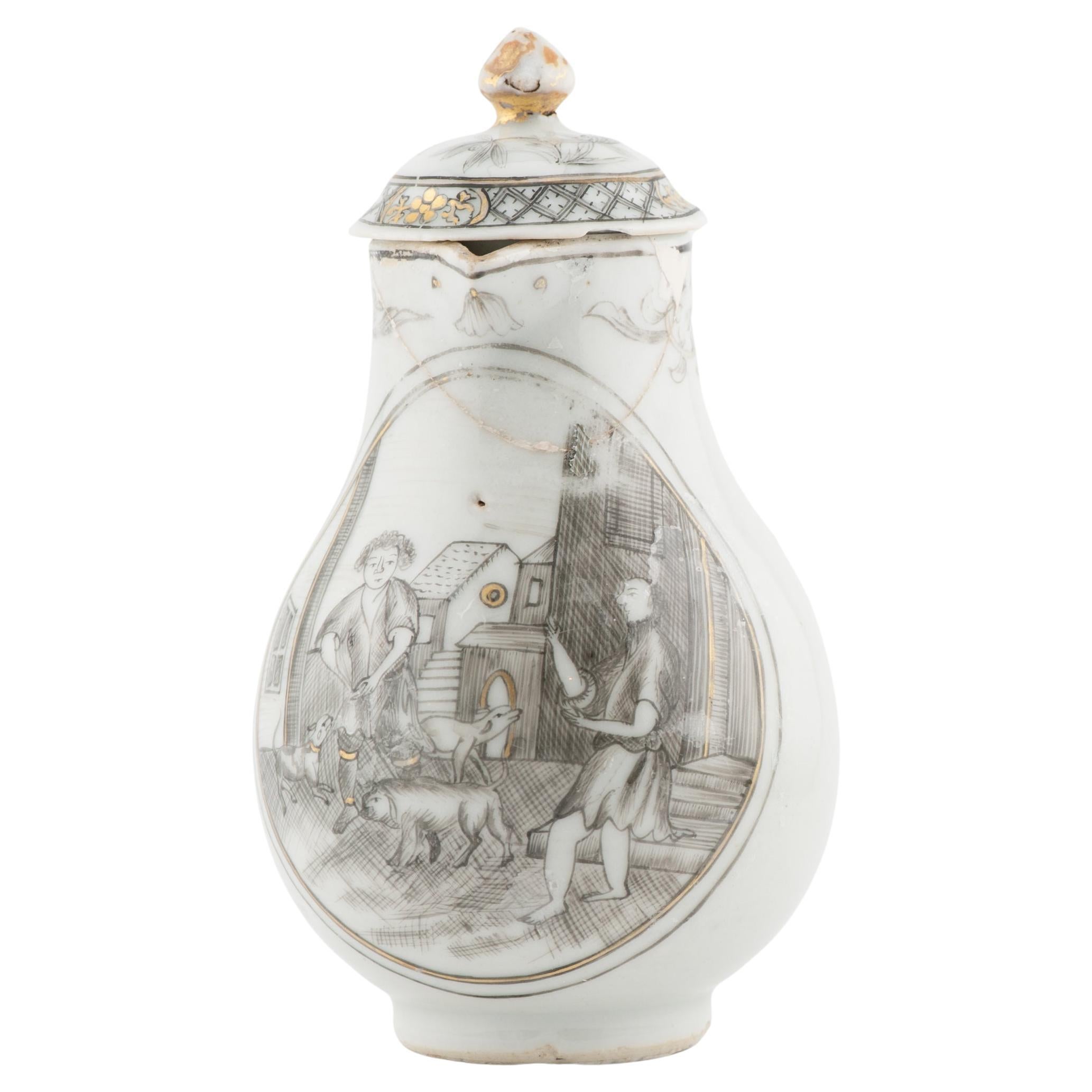 Antique 18C Chinese Encre de Chine Tea Creamer Grisaille VILLAGE SCENE Qianlong