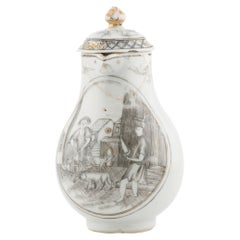 Antique 18C Chinese Encre de Chine Tea Creamer Grisaille VILLAGE SCENE Qianlong