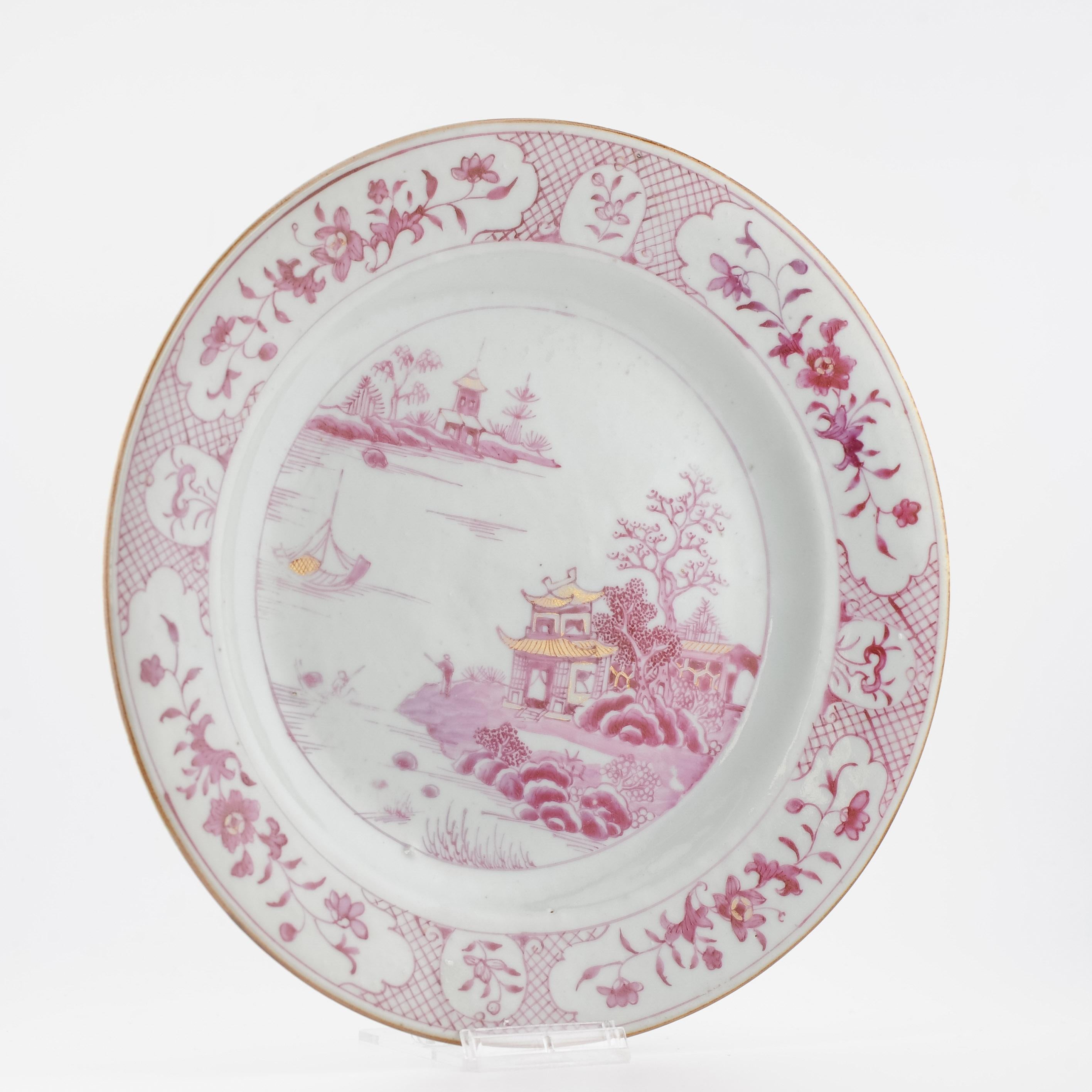 Antike chinesische Porzellanschale aus dem 18. Jahrhundert, China-Landschaft, Puce, Rose, Qianlong-Periode im Zustand „Relativ gut“ im Angebot in Amsterdam, Noord Holland