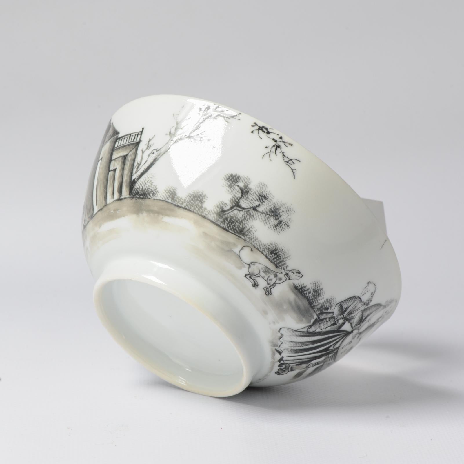 Ancienne figurine de village chinois en porcelaine Encre de Chine Qianlong Bowl 18C Bon état - En vente à Amsterdam, Noord Holland