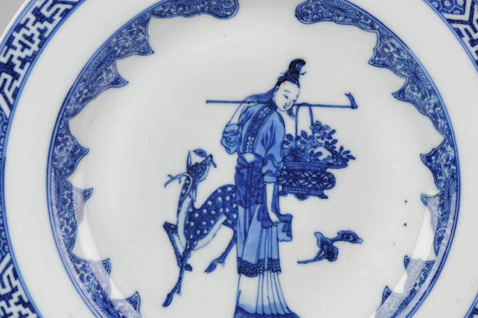 High quality paintwork circa 1750-1760, often called Imperial Quality on export ware, 18th century. The paste is of the highest quality as are the painting and cobalt.

Maiden Magu is the Chinese Taoist Immortal of longevity, prophecy, history,