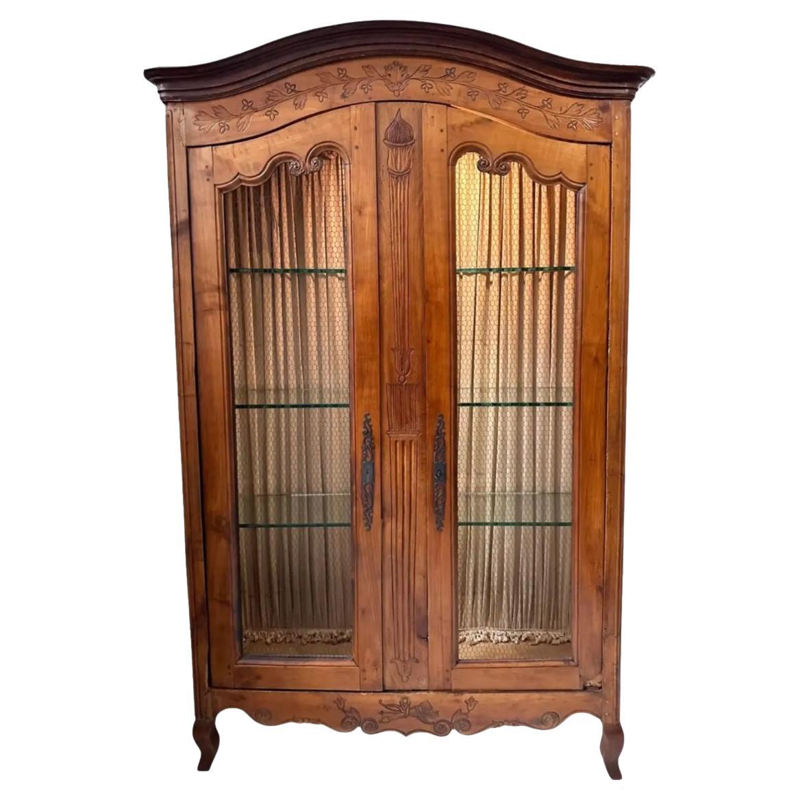 Antique 18C French Provincial Wire Front Armoire Display Cabinet