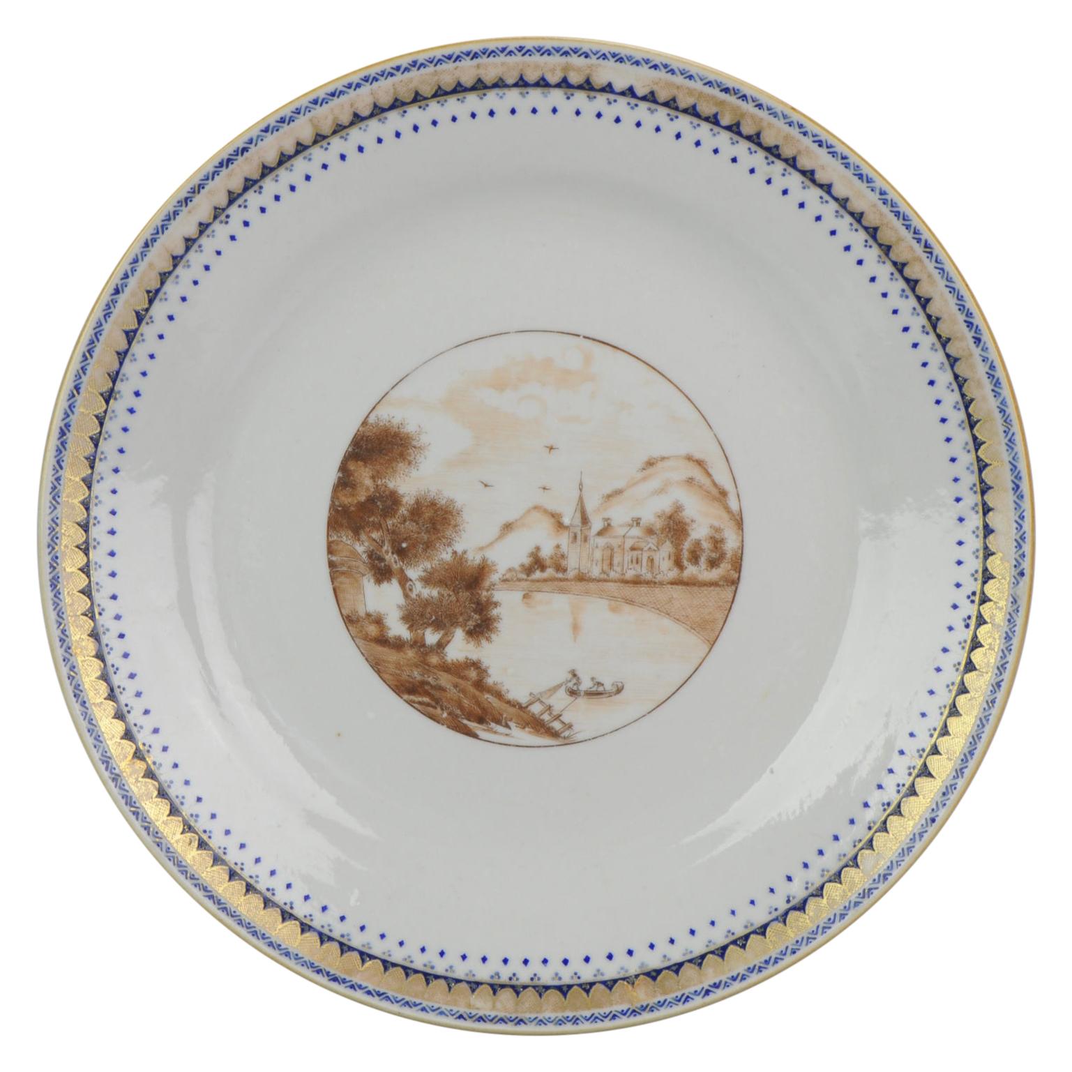 Antique 18C Large Plate Qing Chinese Porcelain Chine de Commande Sepia For Sale