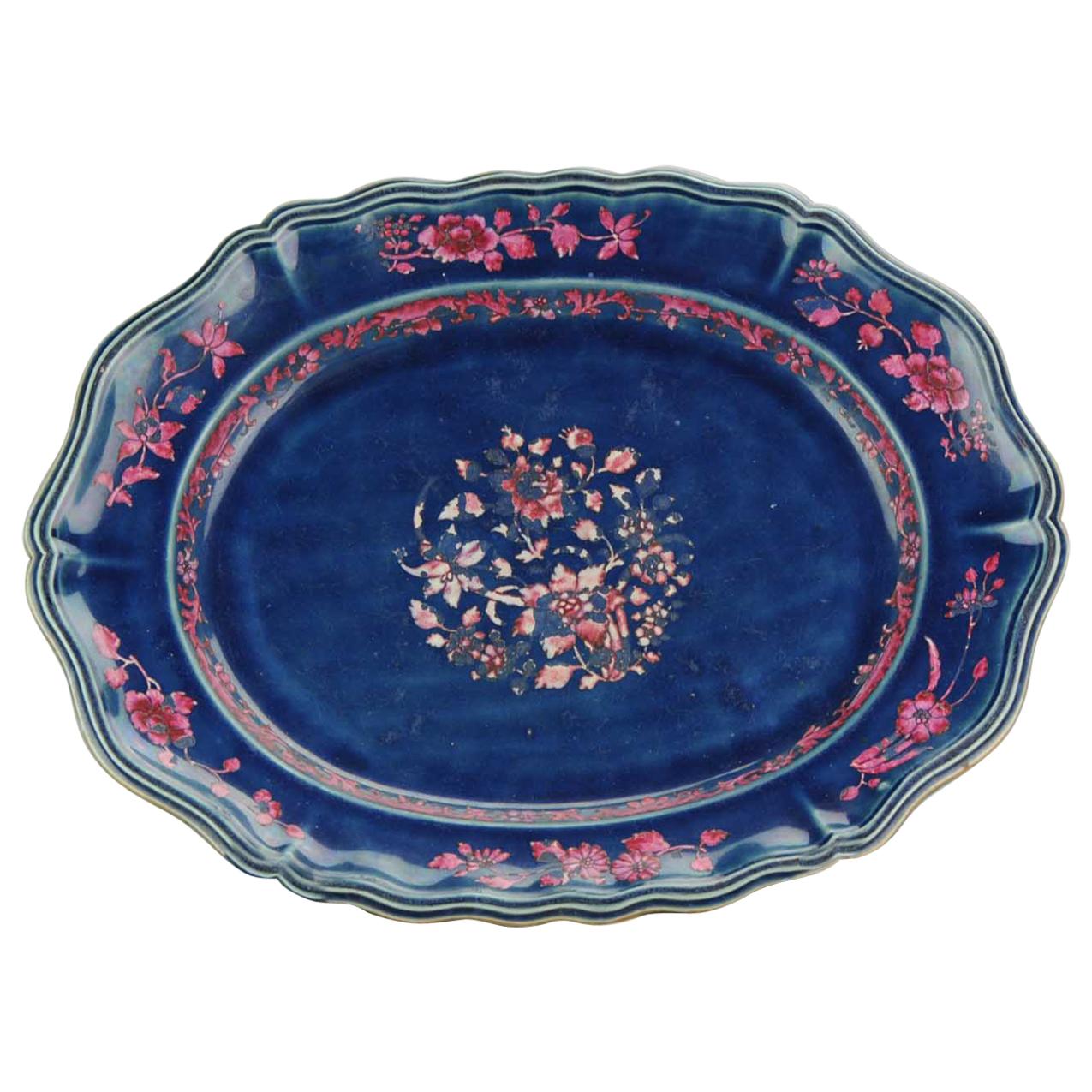 18th Century Large Serving Dish Qing Chinese Porcelain Blue Ground with Pink
