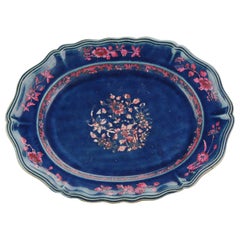 Antique 18th Century Large Serving Dish Qing Chinese Porcelain Blue Ground with Pink