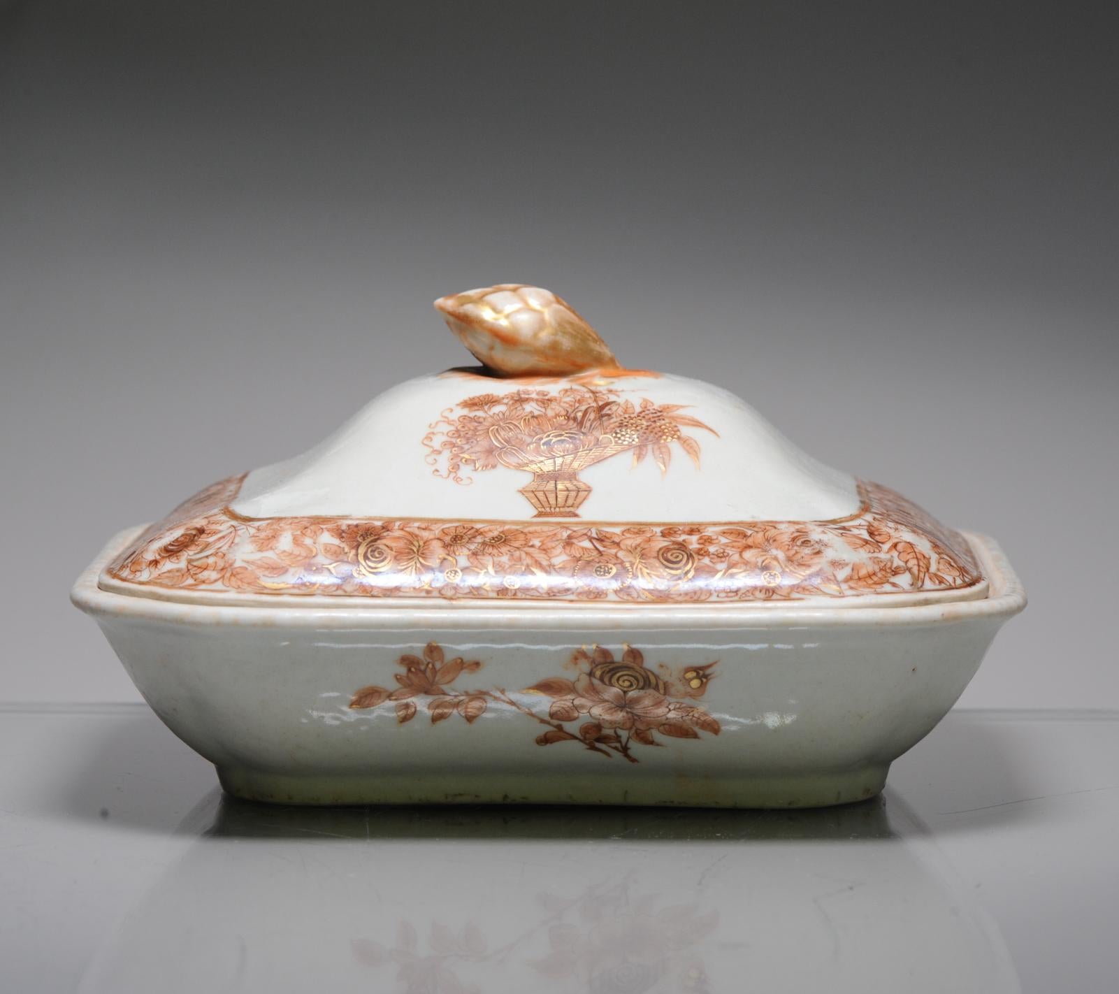 18th Century and Earlier Antique 18C Large Tureen Qing Chinese Porcelain Chine de Commande Sepia For Sale