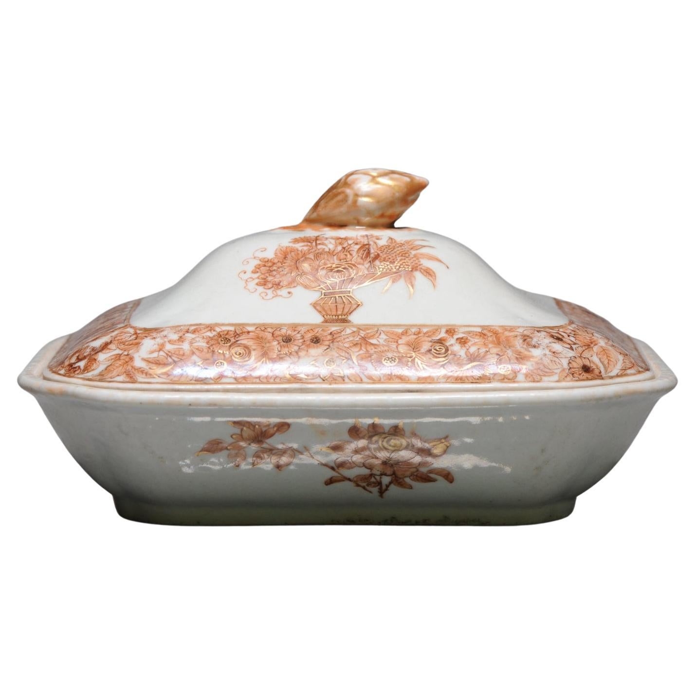 Grande soupière ancienne de 18C en porcelaine chinoise Qing Chine de Commande Sepia