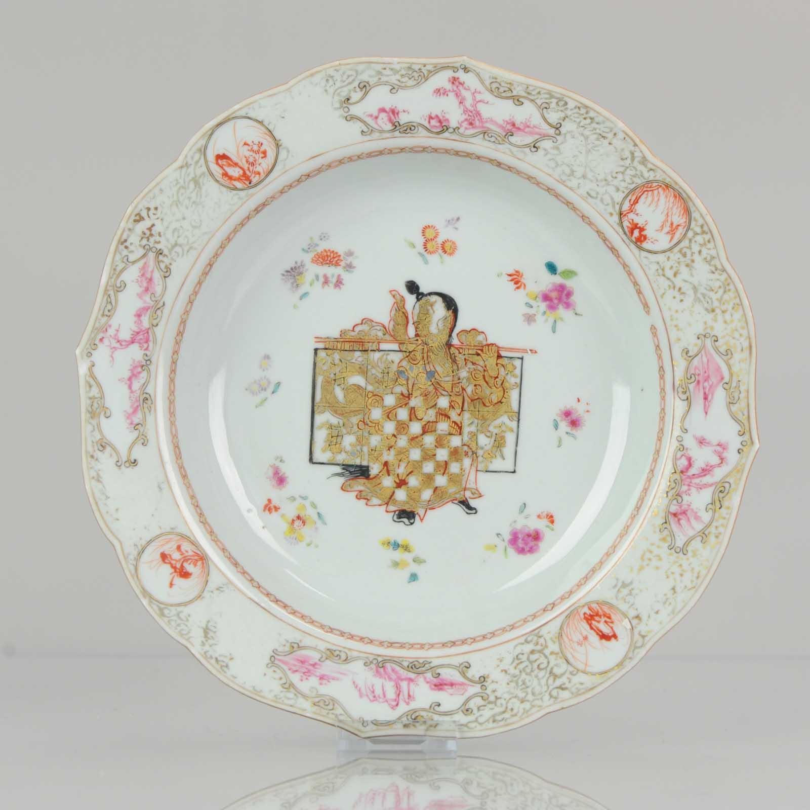 Antique Plate Qing Chinese Porcelain Chine De Commande Pink Gold Figure For Sale 8