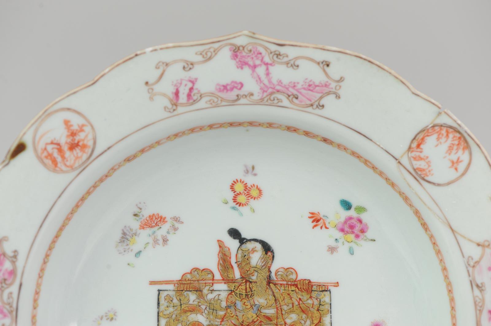 18th Century and Earlier Antique Plate Qing Chinese Porcelain Chine De Commande Pink Gold Figure For Sale