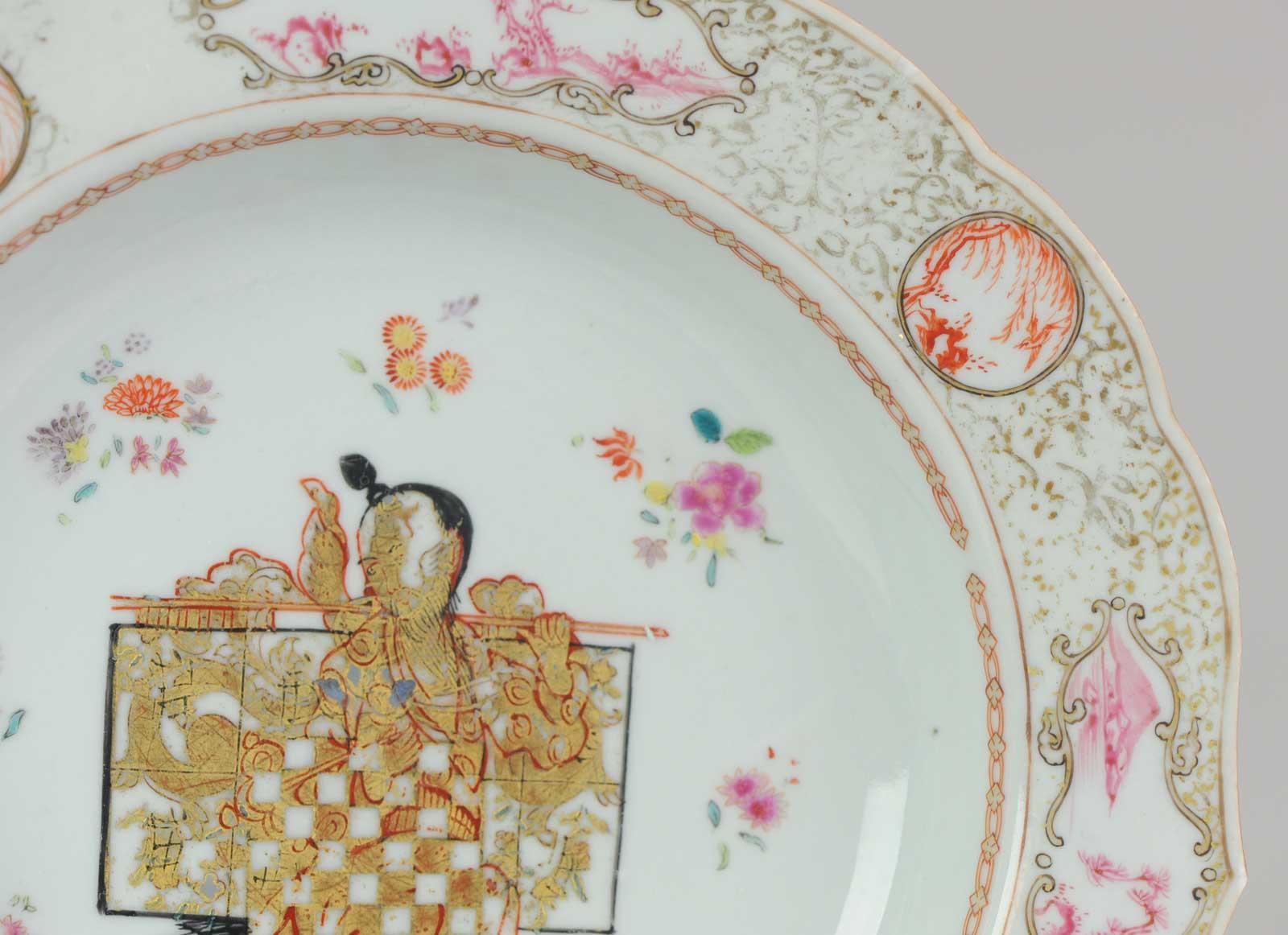 Antique Plate Qing Chinese Porcelain Chine De Commande Pink Gold Figure For Sale 3