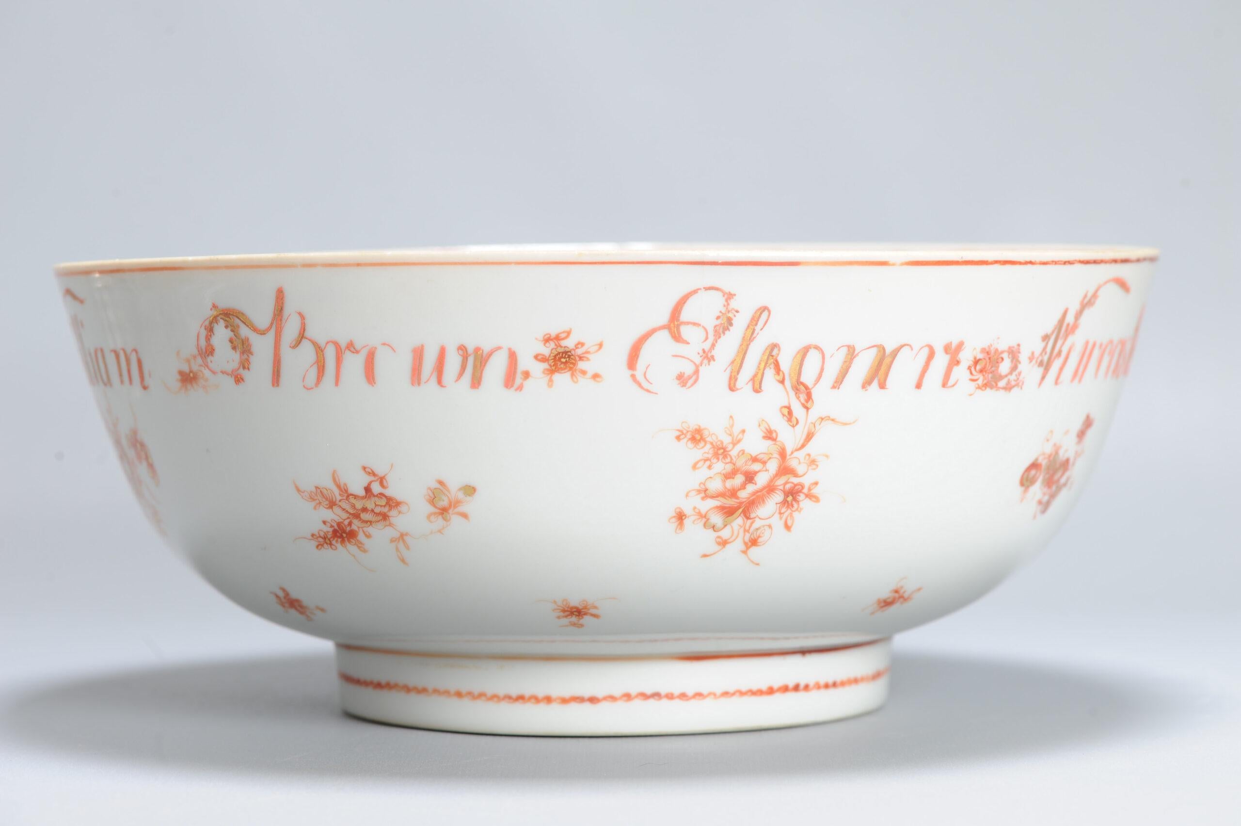 Sehr schön ca. 1790 Qianlong-Periode. Inschrift: William Brown & Eleanor Newcastle

Dies bezieht sich auf das Schiff Eleanor und den Eigentümer/Kapitän William Brown

Das Schiff Eleanor wurde 1789 in South Shields bei Newcastle von einem