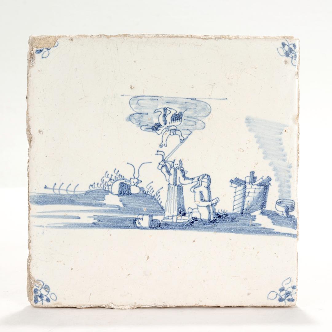 A fine antique 18th century Dutch Delft pottery tile.

With a scene depicting the Binding of Isaac - the famous Biblical story from the book of Genesis in which Abraham is called upon by God to sacrifice his only child as a display of piety. Upon