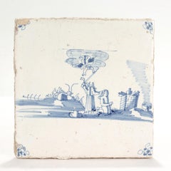 Antique 18c Religious Dutch Delft Tile with a Scene of Abraham Offering Isaac