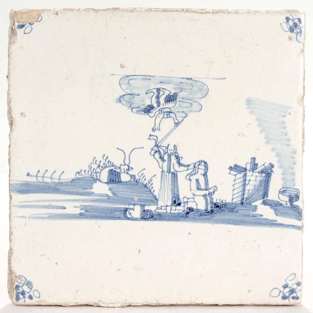 Antique 18c Religious Dutch Delft Tile with a Scene of Abraham Offering Isaac In Good Condition In Philadelphia, PA