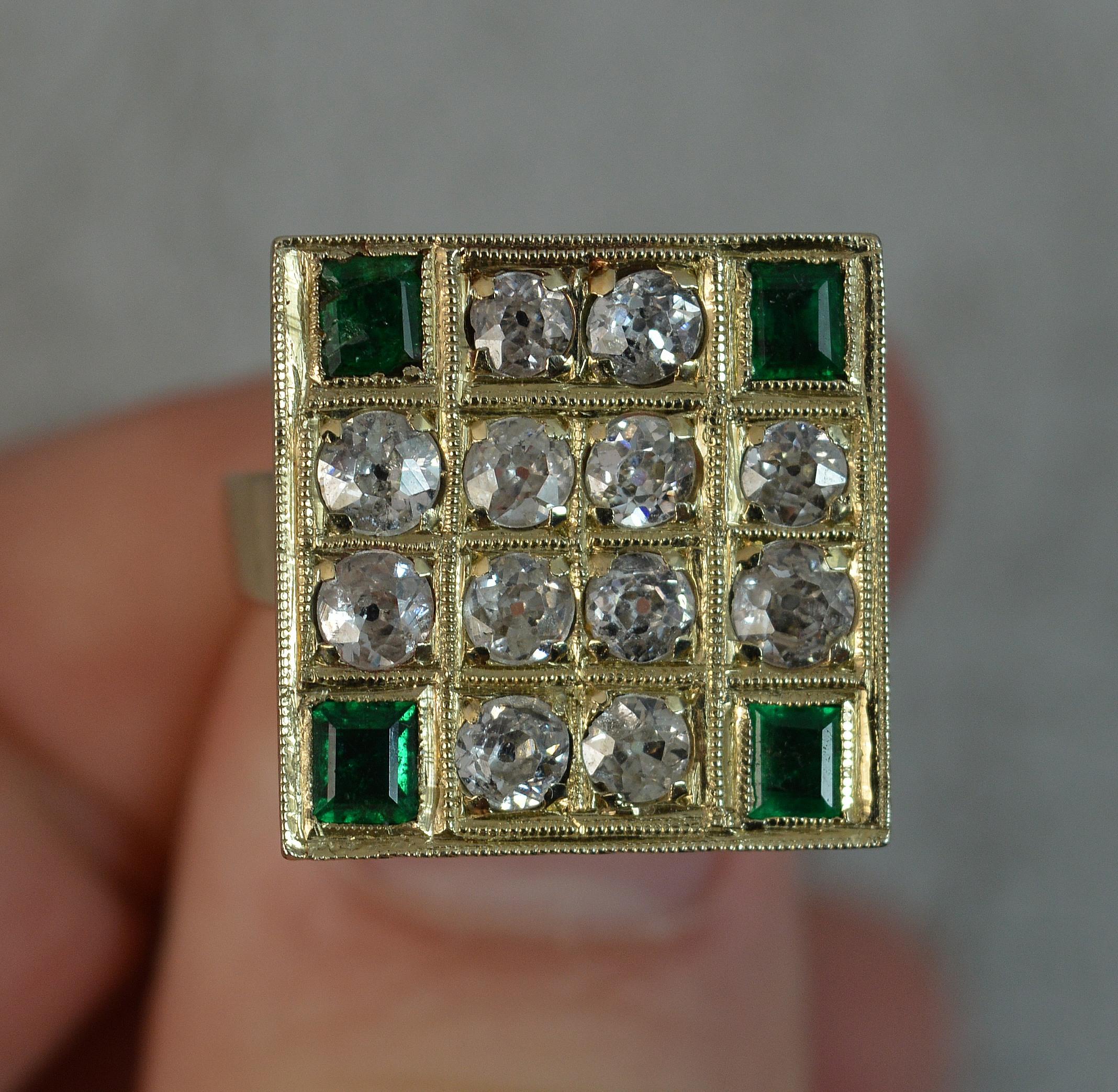 Victorian Antique 18 Carat Gold 1.2 Carat Old Cut Diamond Emerald Square Panel Ring