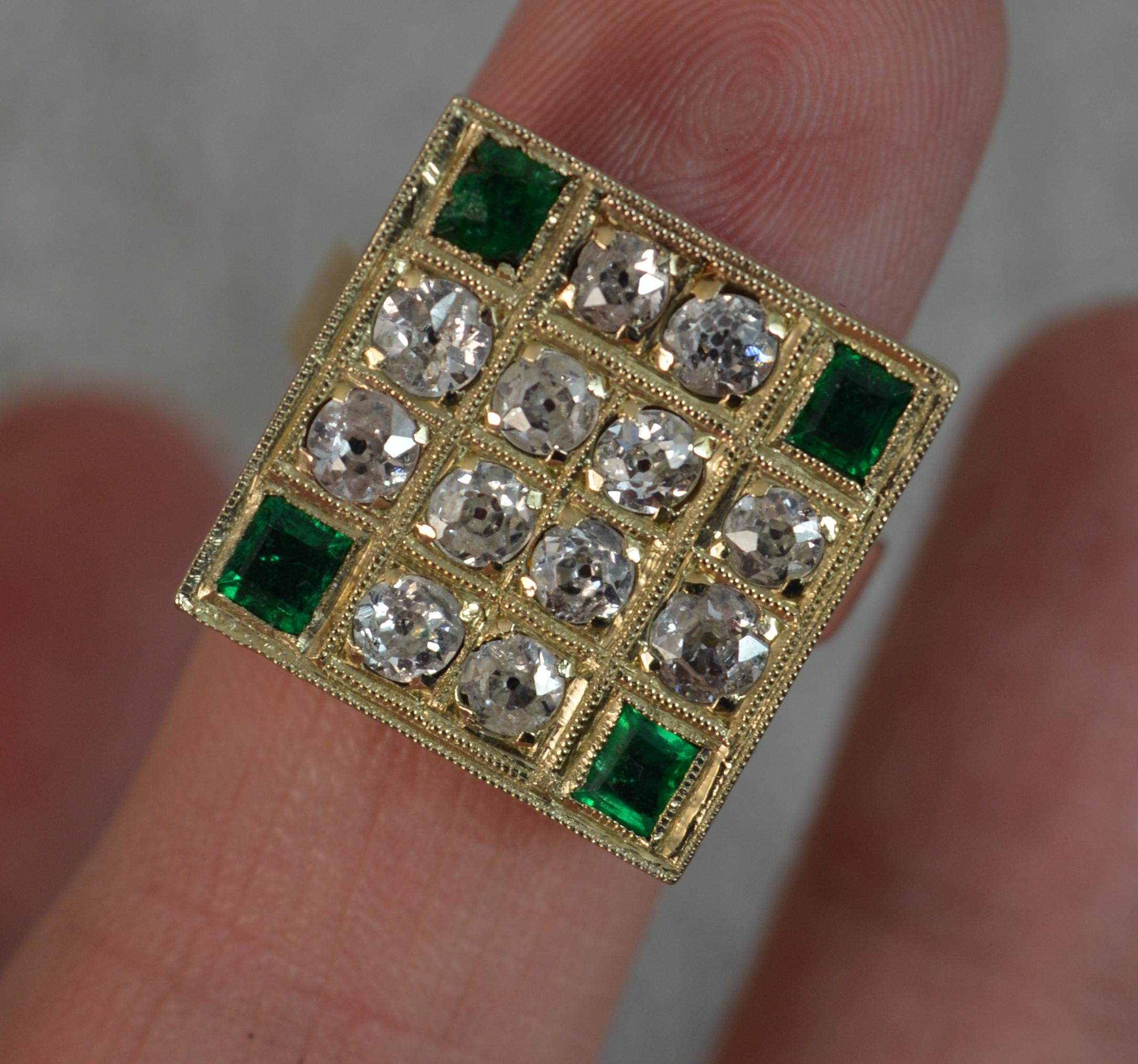 Old European Cut Antique 18 Carat Gold 1.2 Carat Old Cut Diamond Emerald Square Panel Ring