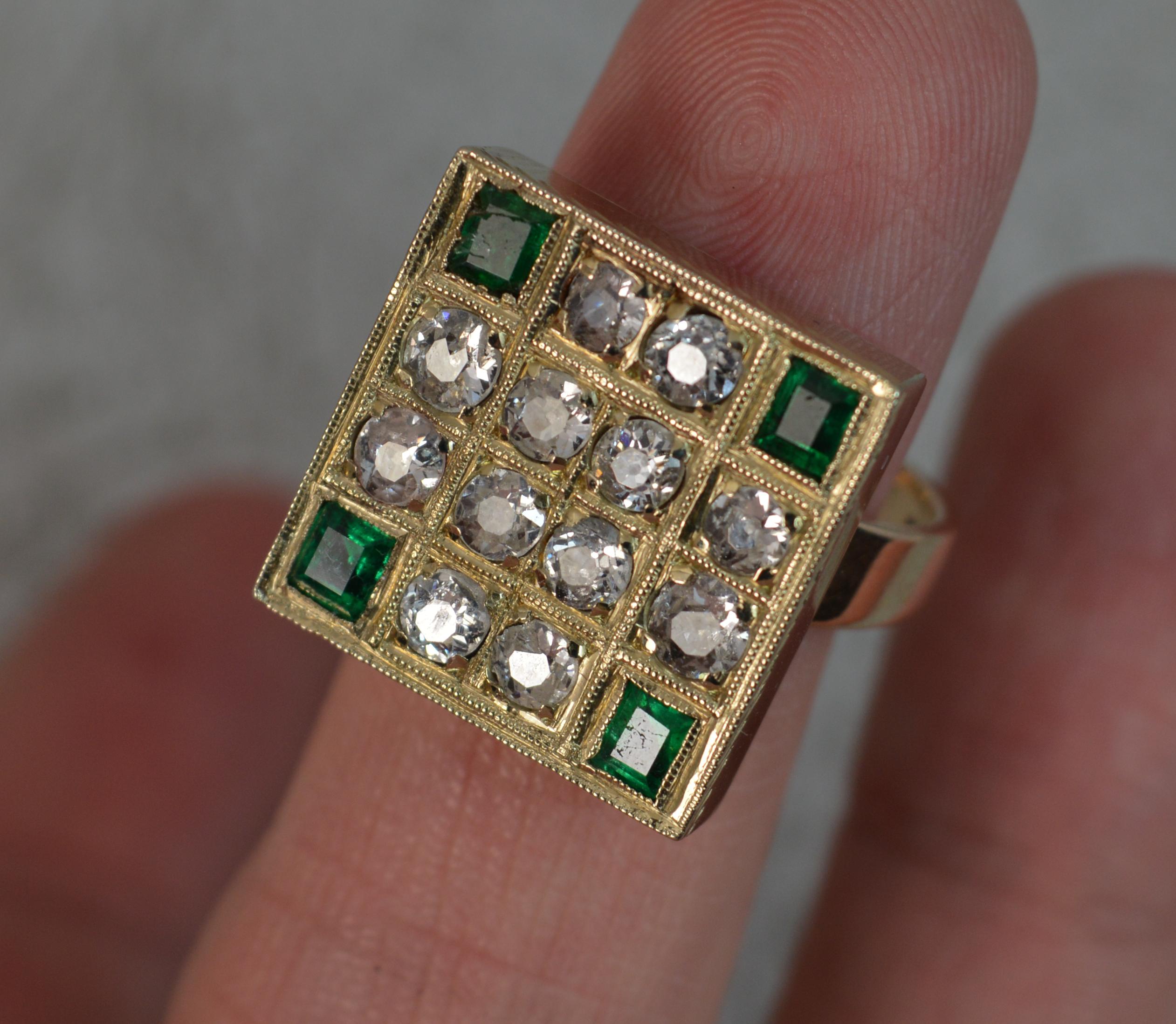 Antique 18 Carat Gold 1.2 Carat Old Cut Diamond Emerald Square Panel Ring In Excellent Condition In St Helens, GB
