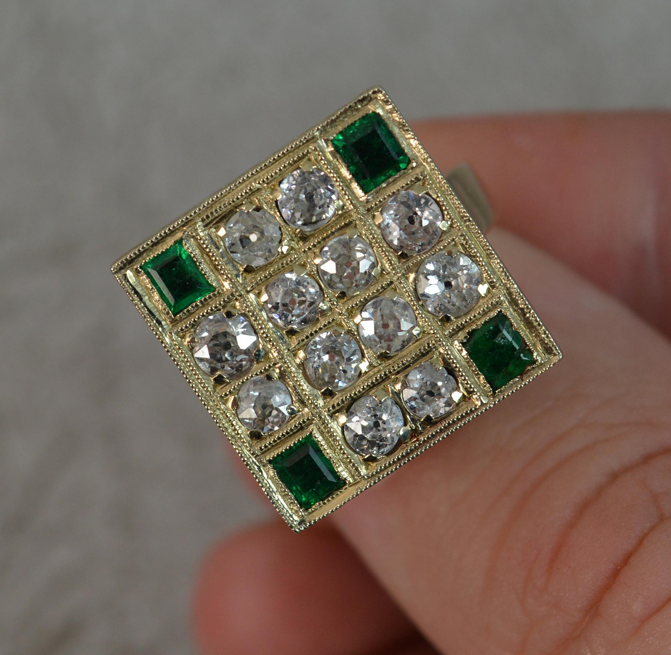 Women's Antique 18 Carat Gold 1.2 Carat Old Cut Diamond Emerald Square Panel Ring