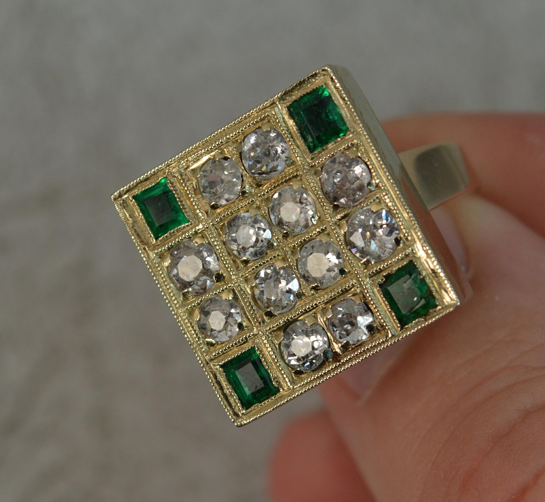 Antique 18 Carat Gold 1.2 Carat Old Cut Diamond Emerald Square Panel Ring 1