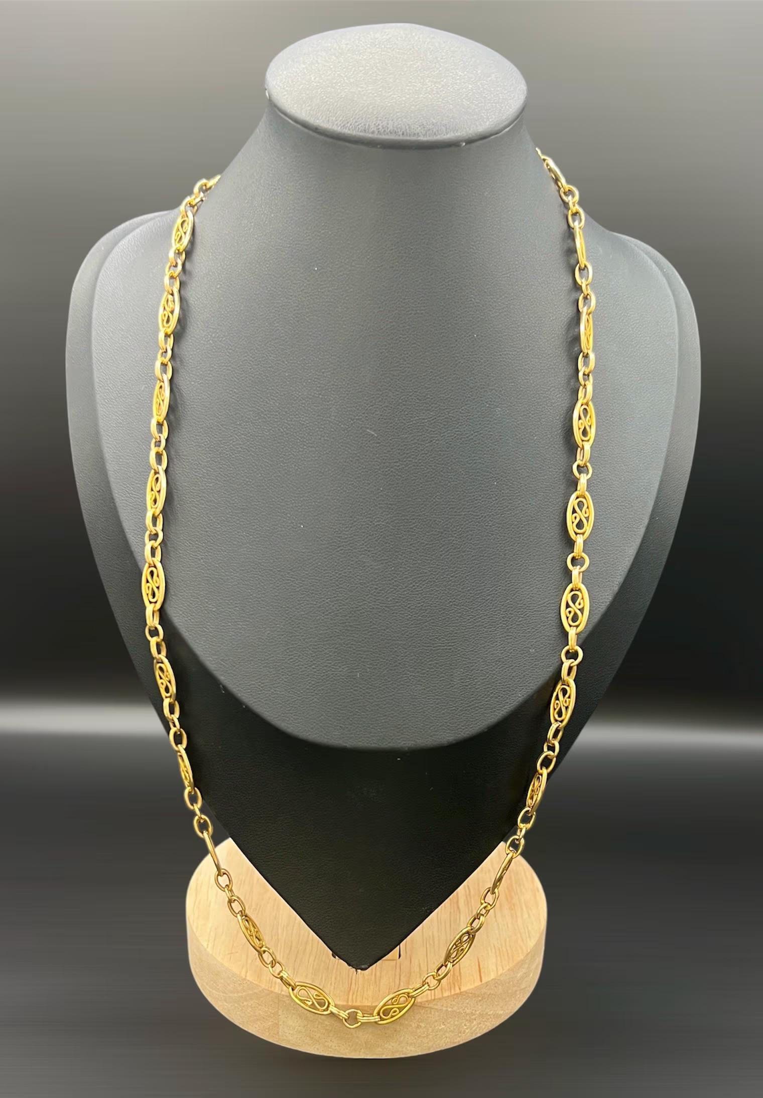 Antique Fancy Link Chain

18ct Gold

Circa 1920s

Step back in time with this exquisite 18ct yellow gold chain from the 1920s, a true testament to vintage elegance and craftsmanship. This eye-catching piece features beautifully crafted fancy