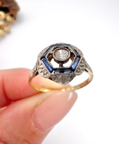 Antique 18ct Gold, 1920s Art Deco, Hexagonal Sapphire and Diamond Target Ring