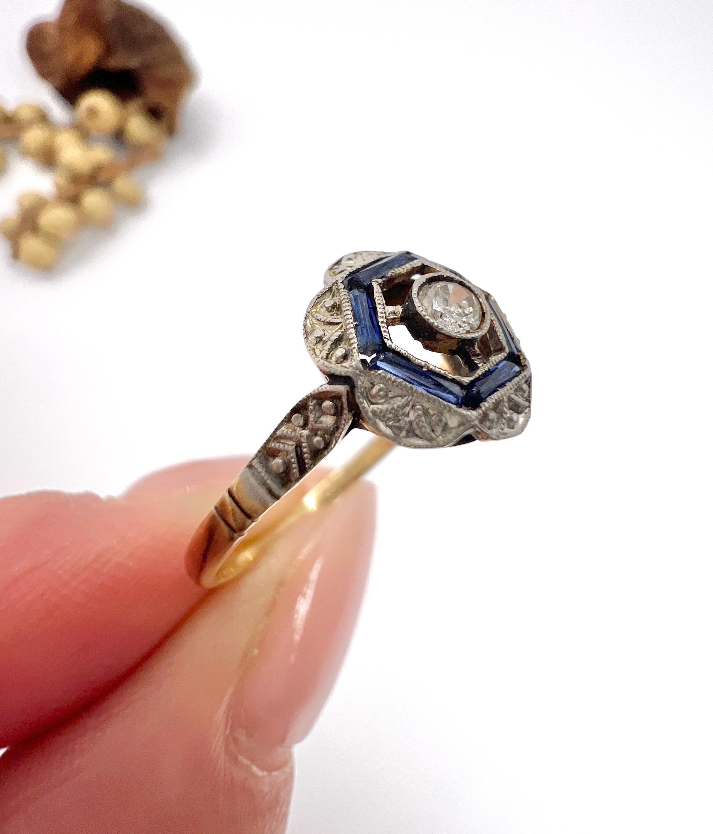 Brilliant Cut Antique 18ct Gold, 1920s Art Deco, Hexagonal Sapphire and Diamond Target Ring For Sale