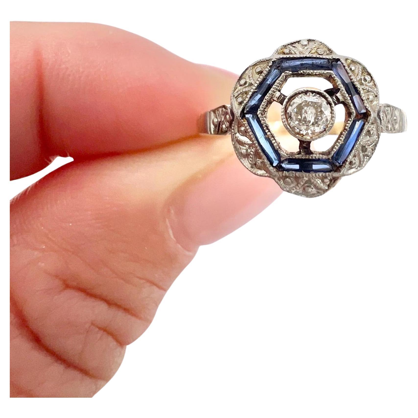 Antique 18ct Gold, 1920s Art Deco, Hexagonal Sapphire and Diamond Target Ring