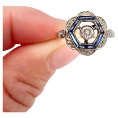 Antique 18ct Gold, 1920s Art Deco, Hexagonal Sapphire and Diamond Target Ring