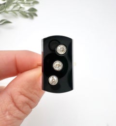 Antique 18ct Gold, 1920s Art Deco Rectangular Onyx & Diamond Three Stone Ring