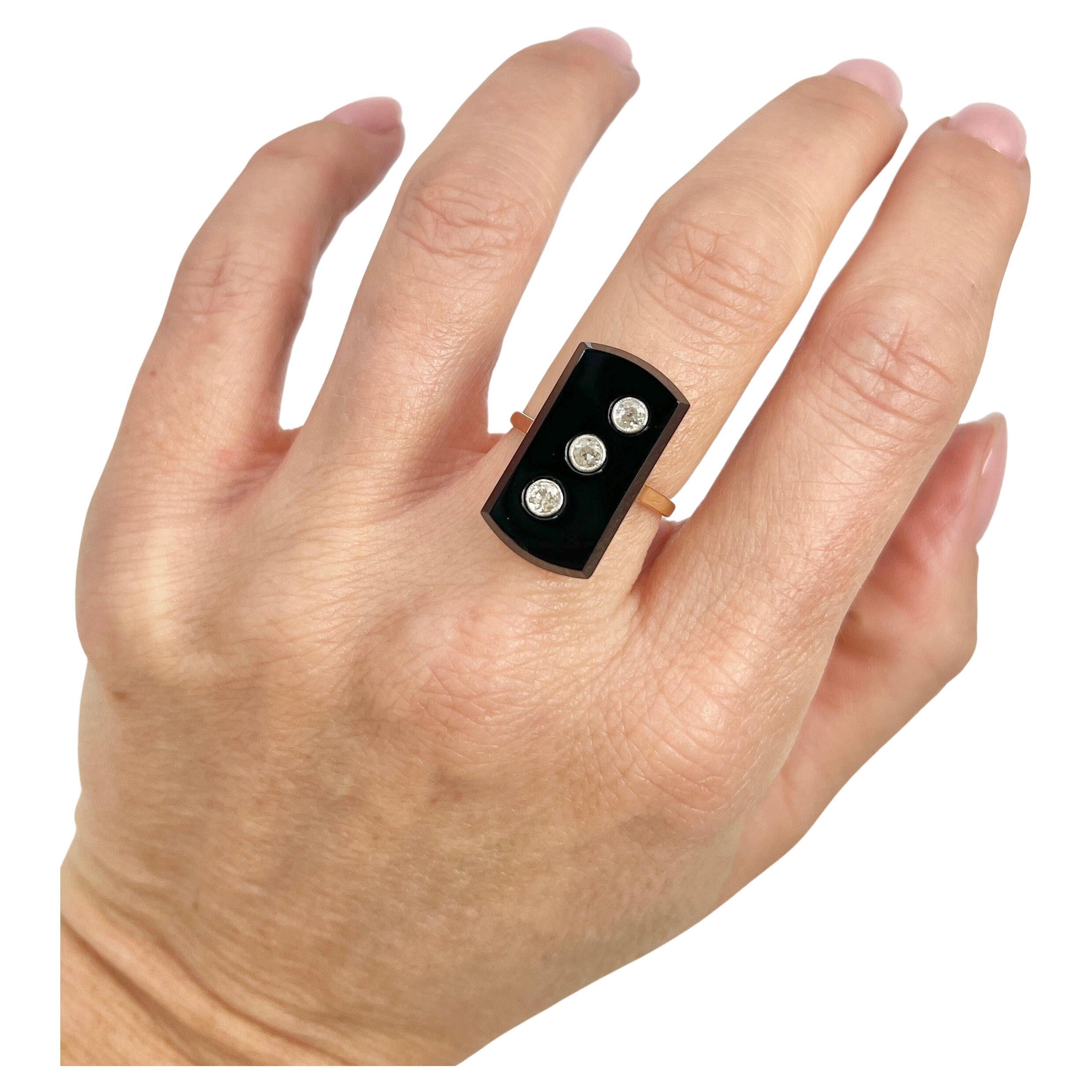 Antique 18ct Gold, 1920s Art Deco Rectangular Onyx & Diamond Three Stone Ring