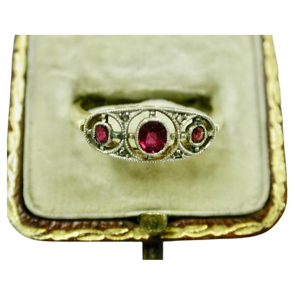 Edwardian Antique 18ct Gold 3 Stone Ruby Ring with 4 Small Rose Cut Diamonds C 1900 For Sale