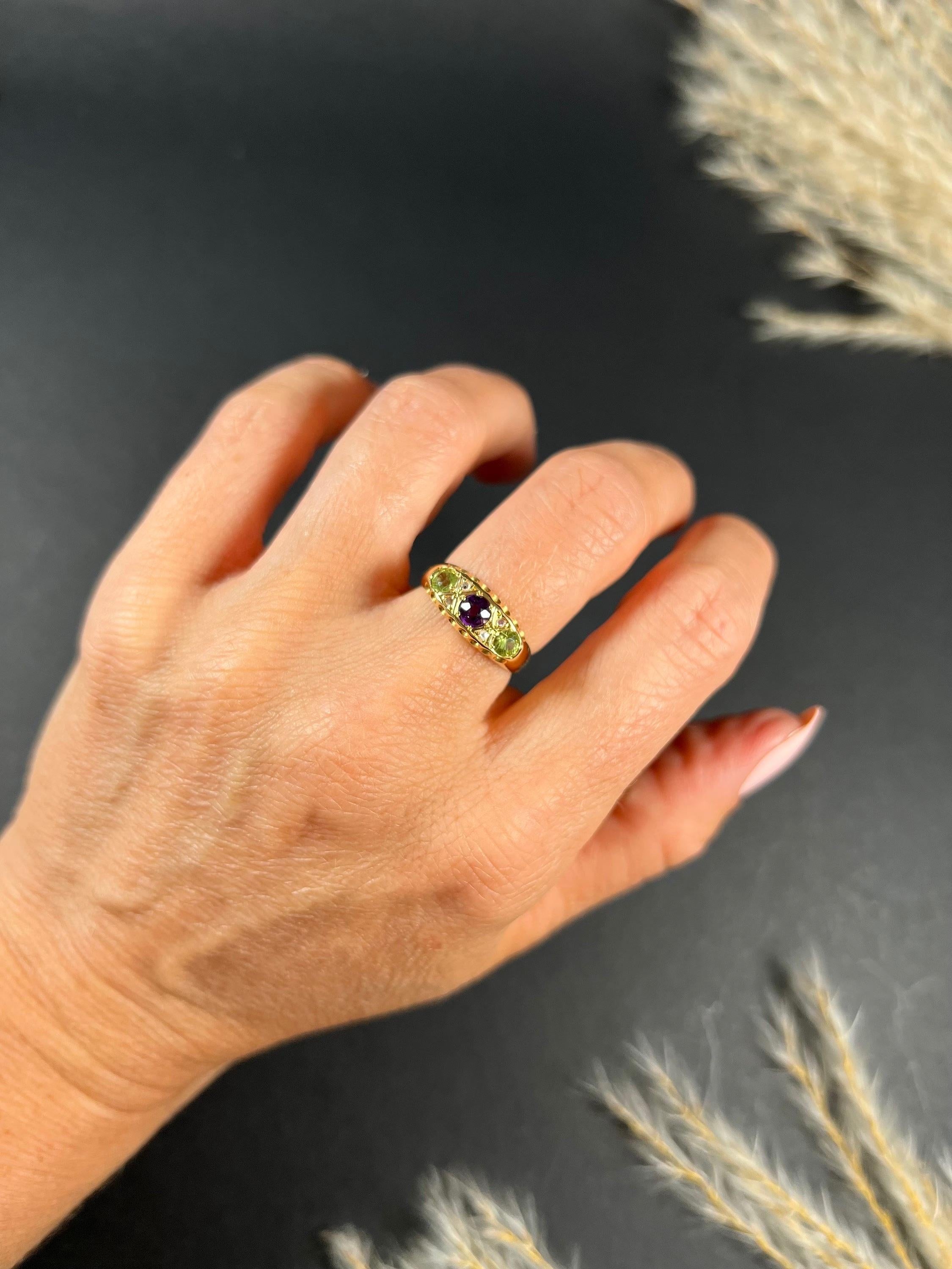 Antique 18ct Gold Amethyst Diamond and Peridot Suffragette Ring For Sale 6
