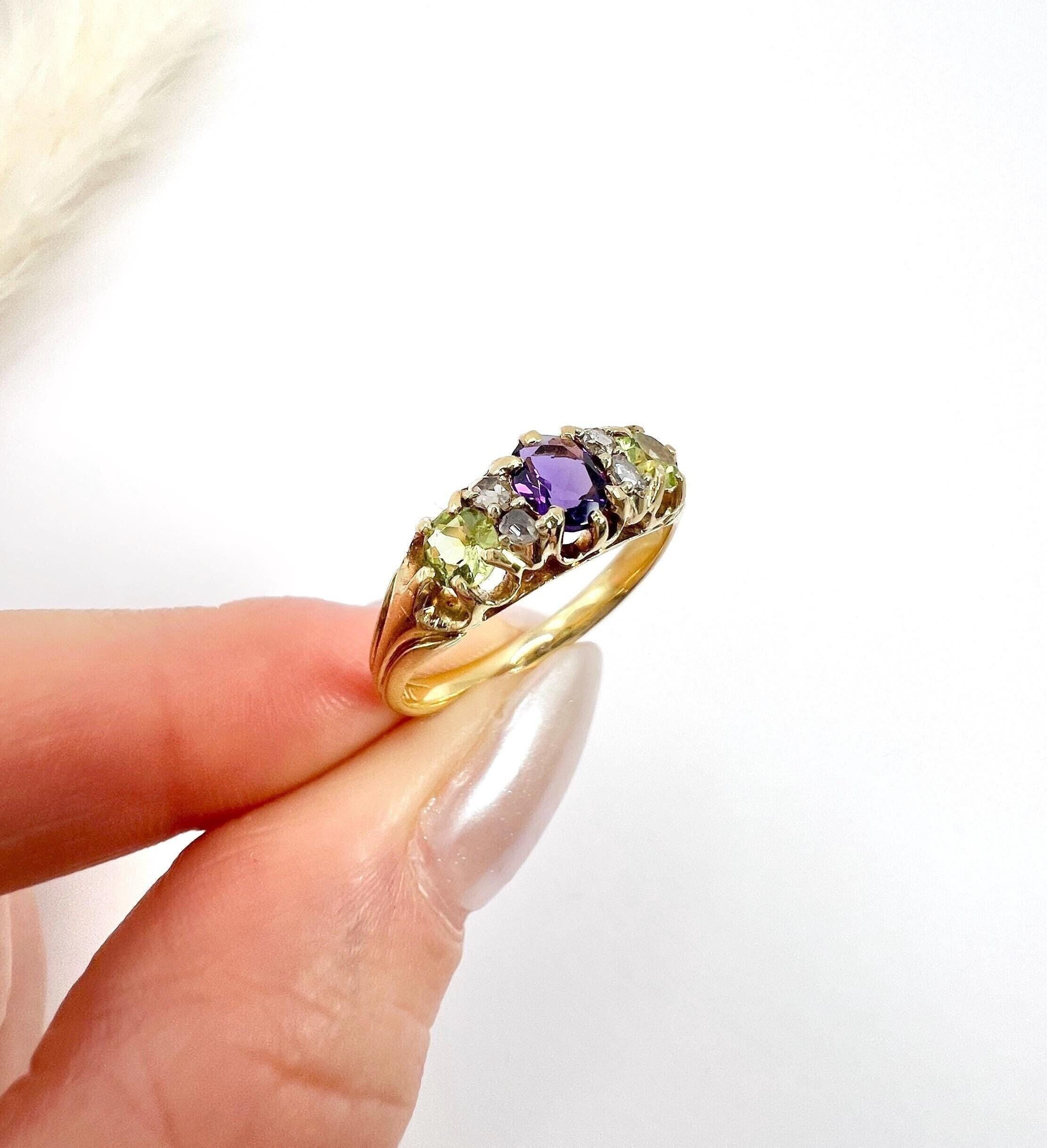 Anillo Sufragista Antiguo de Oro de 18 ct, Amatista, Diamante y Peridoto 6