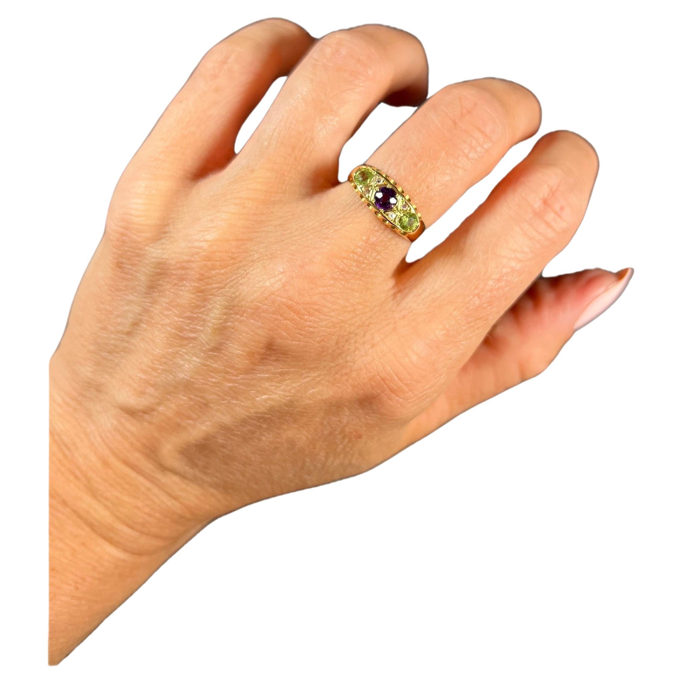 Antique 18ct Gold Amethyst Diamond and Peridot Suffragette Ring For Sale
