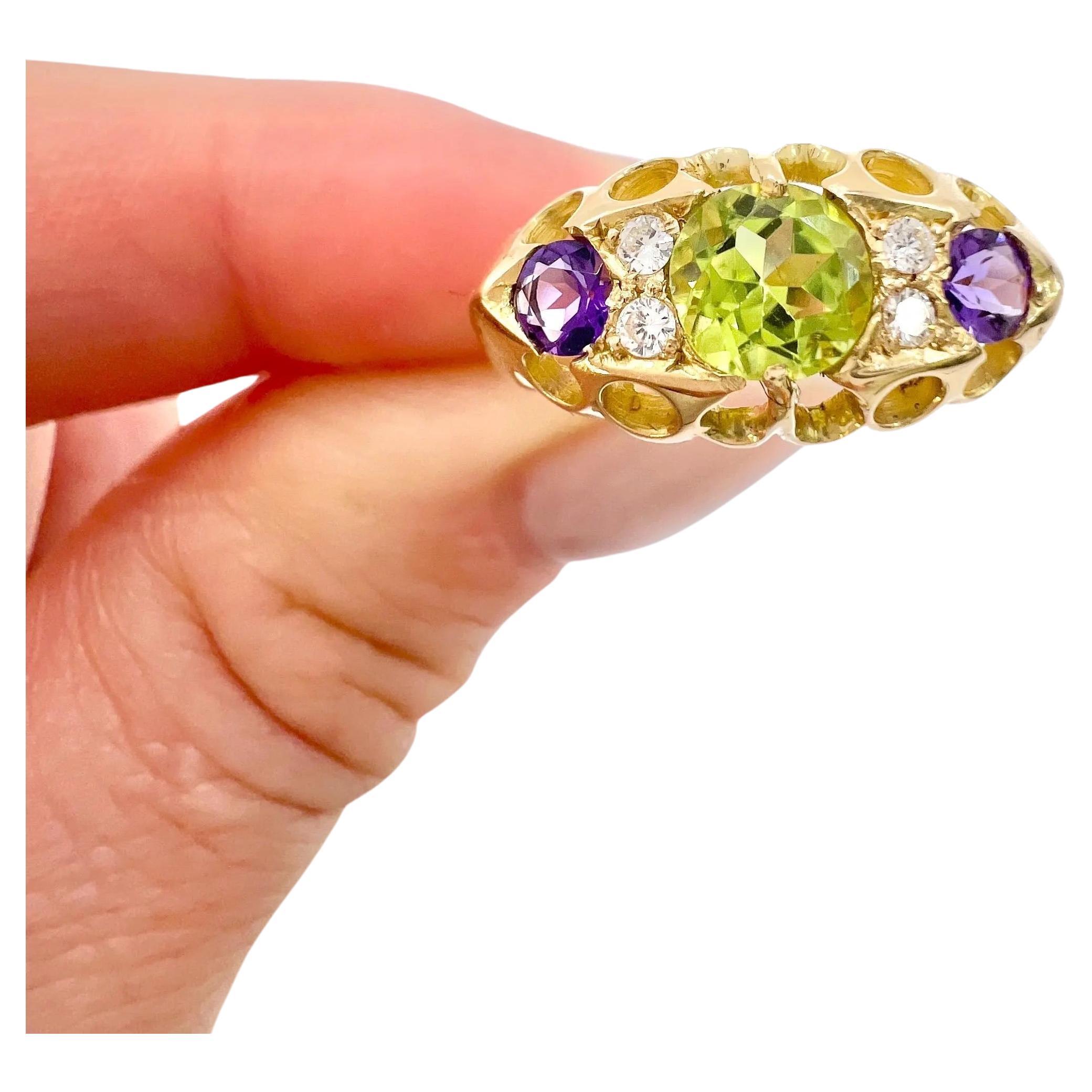 Antiguo Anillo Sufragista de Oro de 18 Quilates con Amatista, Diamante y Peridoto, Matriculado en 1919