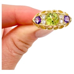 Bague Suffragette ancienne en or 18 carats, améthyste, diamant et péridot, poinçonnée 1919