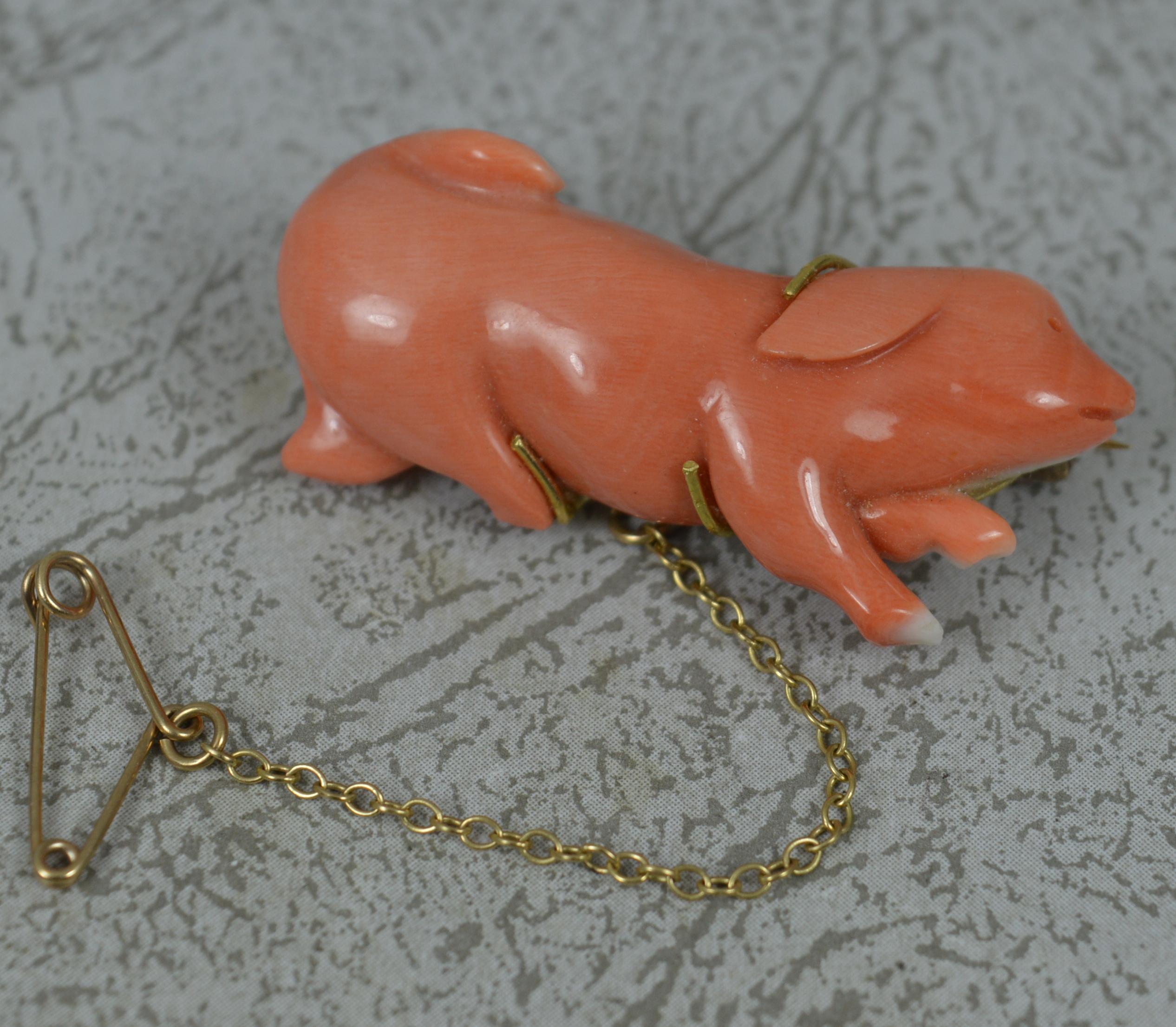 Antique 18ct Gold and Hand Carved Coral Pig Brooch 2