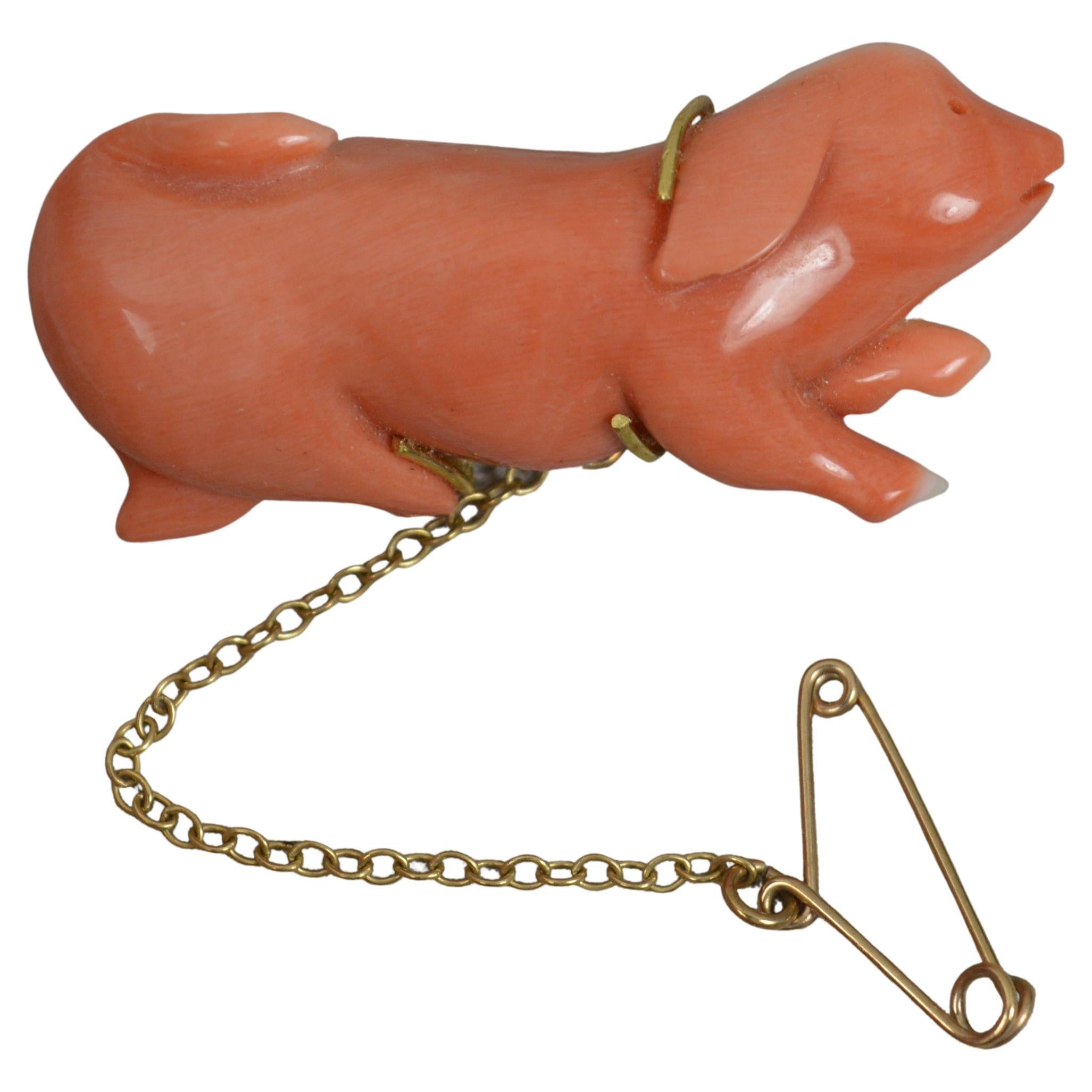 Antique 18ct Gold and Hand Carved Coral Pig Brooch For Sale