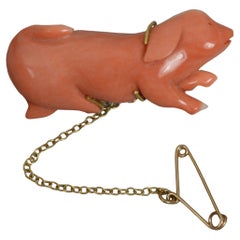 Antique 18ct Gold and Hand Carved Coral Pig Brooch