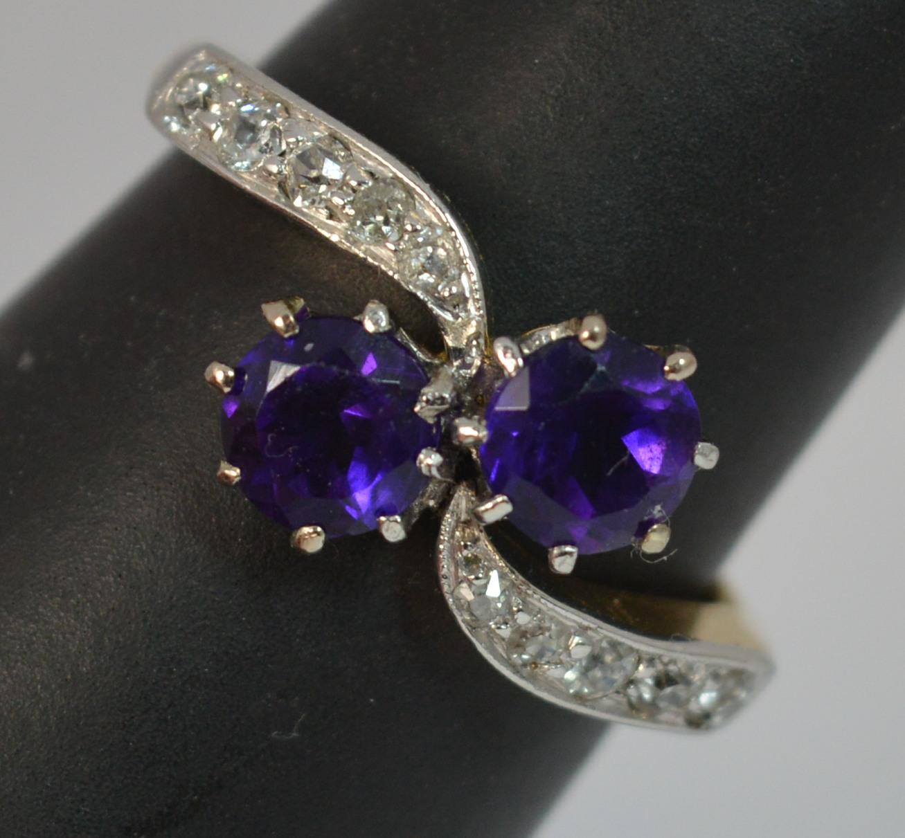 Antique 18 Carat Gold and Platinum Amethyst Toi et Moi Ring with Diamonds 5