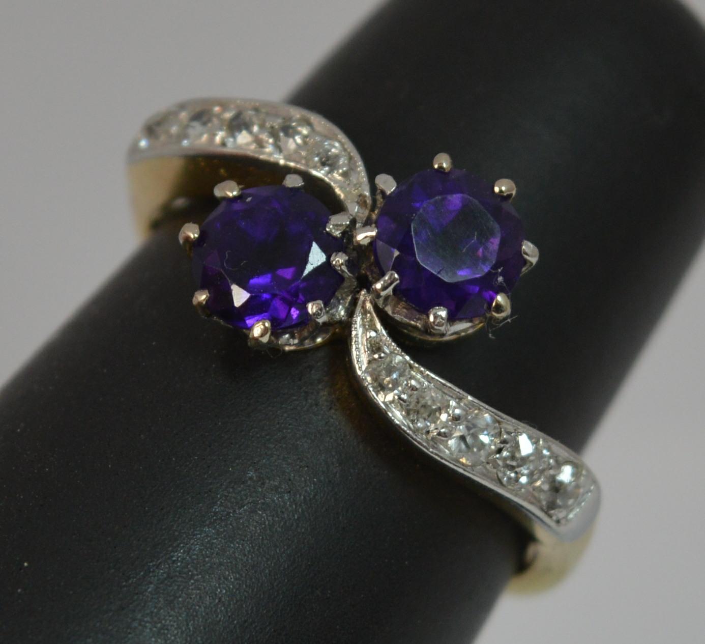 Antique 18 Carat Gold and Platinum Amethyst Toi et Moi Ring with Diamonds 6