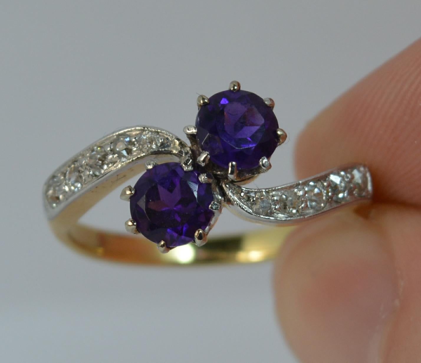Antique 18 Carat Gold and Platinum Amethyst Toi et Moi Ring with Diamonds 1