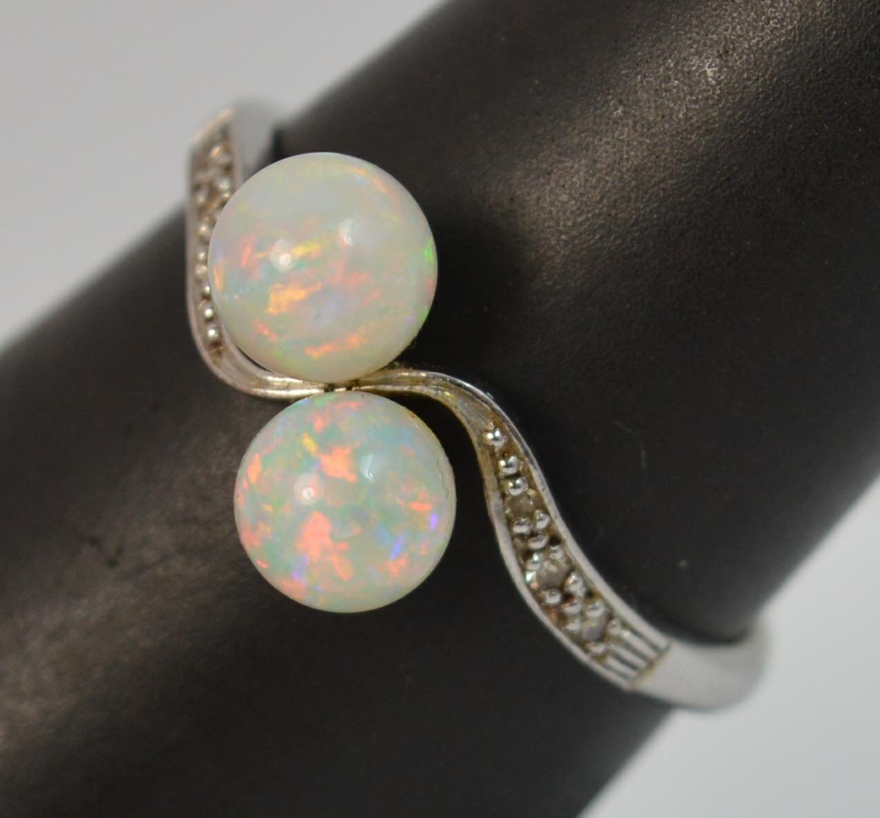 Antique 18 Carat Gold and Platinum Opal Ball Toi et Moi Ring with Diamonds 3