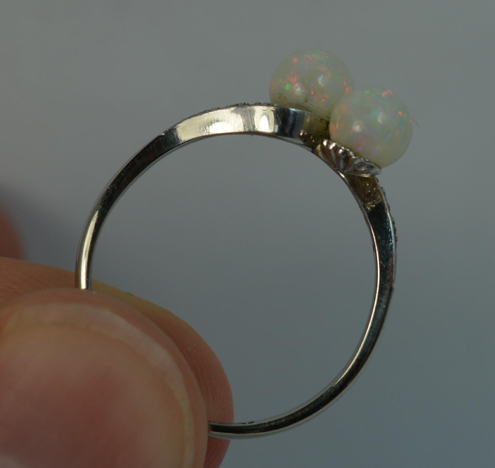 Antique 18 Carat Gold and Platinum Opal Ball Toi et Moi Ring with Diamonds In Excellent Condition In St Helens, GB